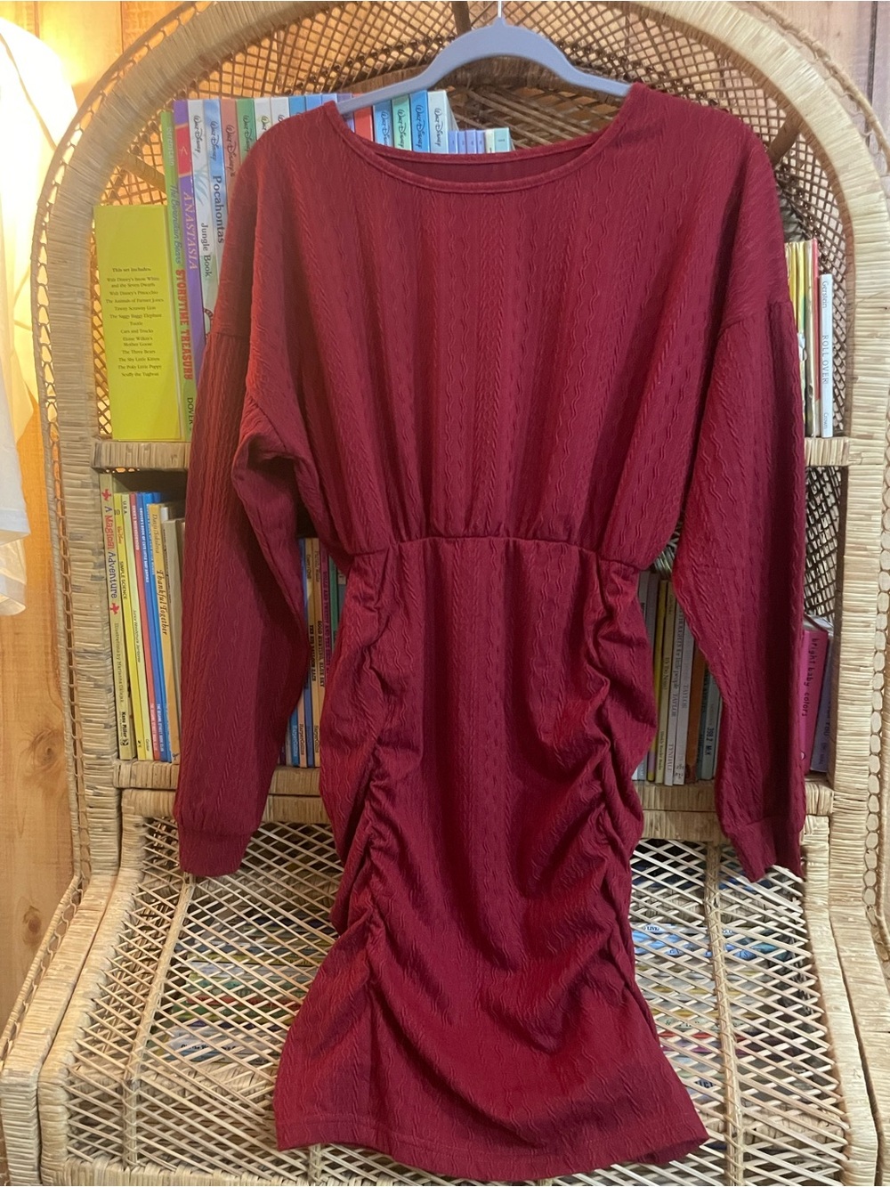 Ruched Waist Long-Sleeve Dress in Burgundy